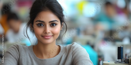 A woman is smiling in front of a sewing machine