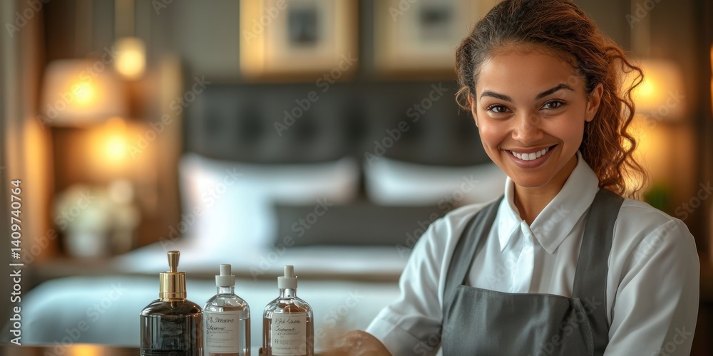 A woman is smiling and holding two bottles of soap