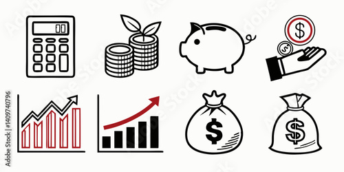 Finance Icons: Calculator, Coins, Piggy Bank, Growth Charts, Money Bags, Hand with Money - Black Line Art