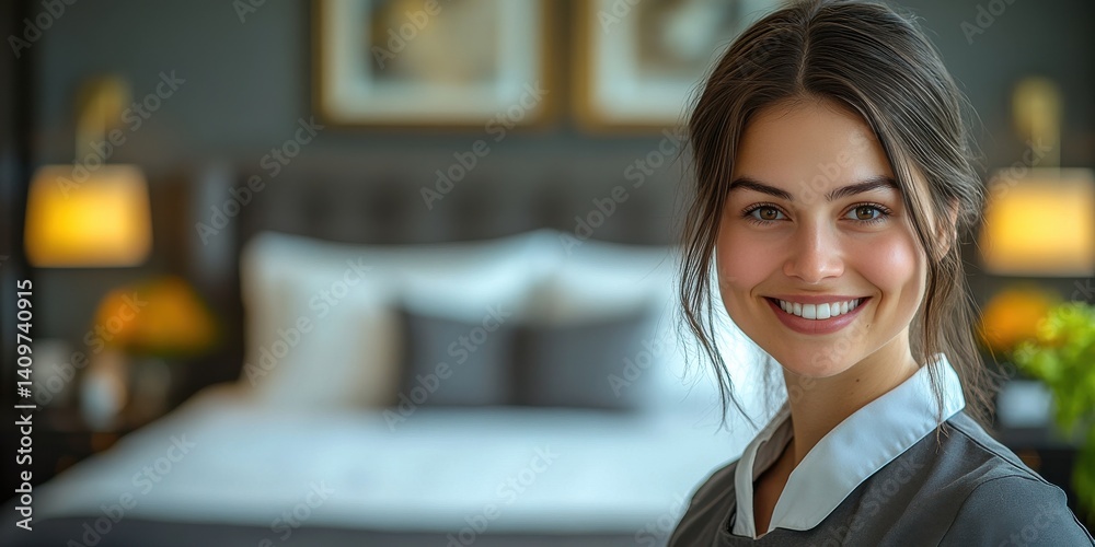 A woman is smiling and posing for a picture in front of a bed