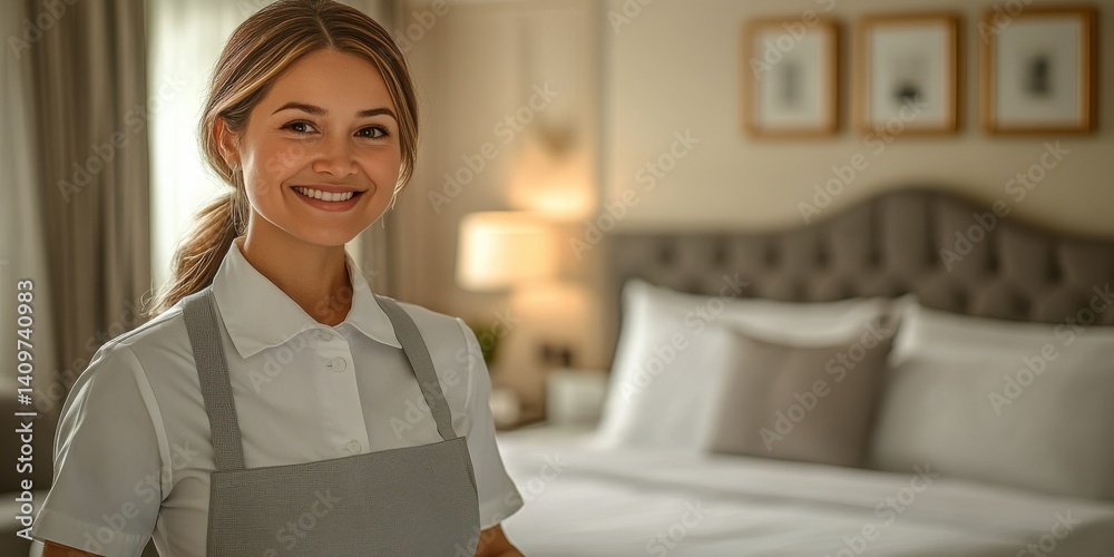 A woman is smiling and posing for a picture in front of a bed