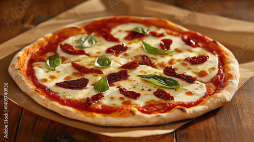 Delicious rustic pizza with crispy crust, topped with melted cheese and sun dried tomatoes