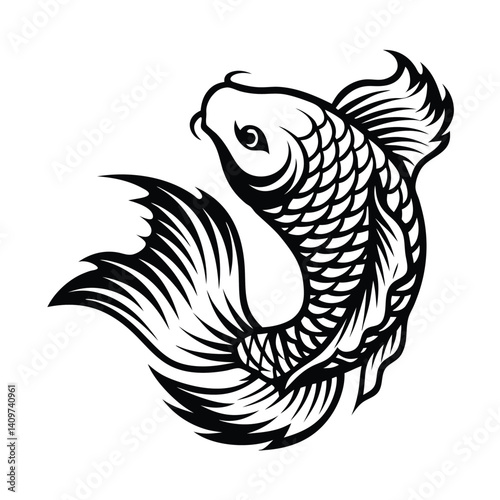 Stylized Black and White Koi Fish Swimming Gracefully with Detailed Scales and Fins