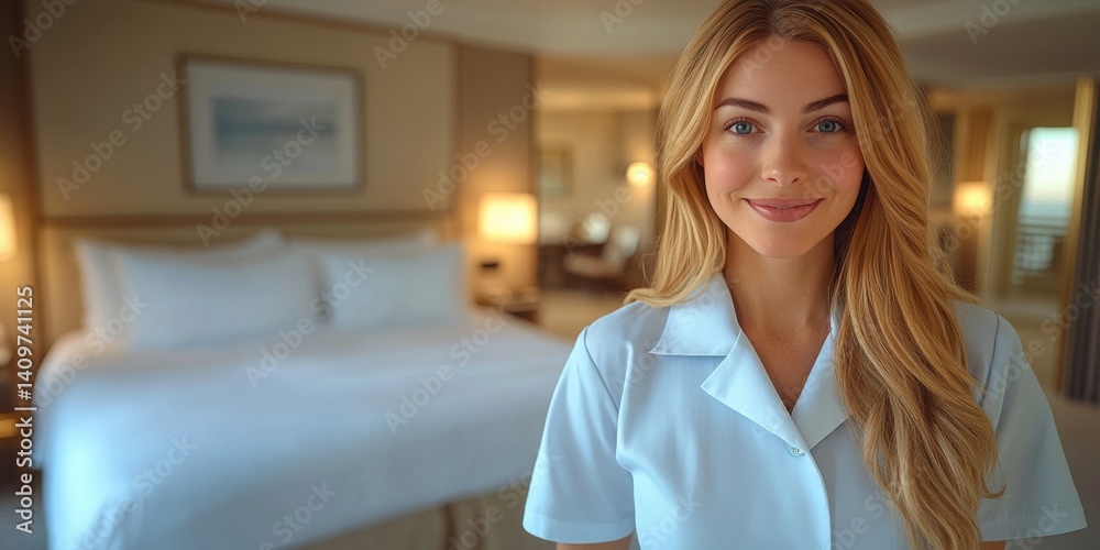 female housekeeper preparing a guest room, wearing a clean uniform