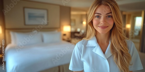 Obraz na płótnie female housekeeper preparing a guest room, wearing a clean uniform w salonie