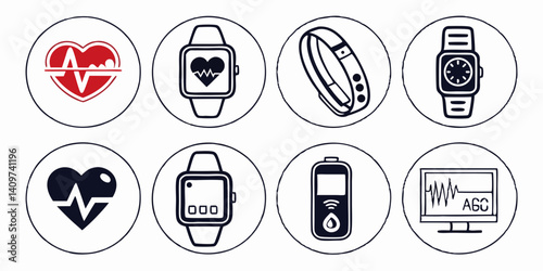 Medical Wearable Tech Icons Digital Circle Illustration of Heart Rate ECG Glucose Monitor Smartwatch Fitness Tracker for Health & Fitness