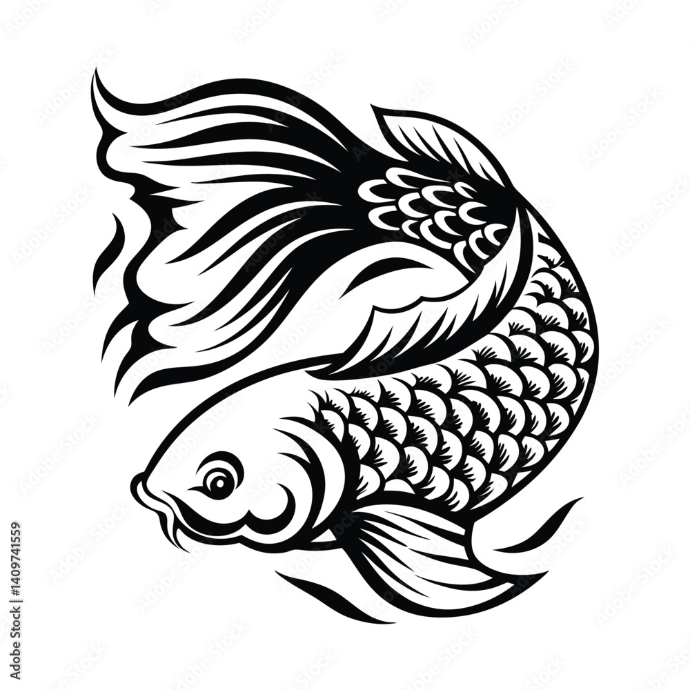 Obraz premium Tribal Blackwork Koi Fish Illustration, Ornate Scales, Flowing Fins, Elegant Design