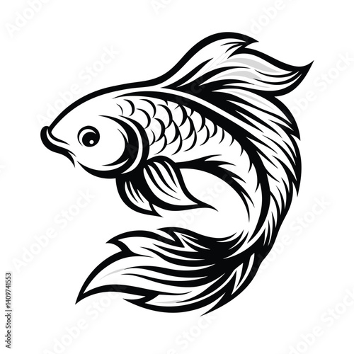 Elegant Koi Fish Illustration, Black and White, Swimming gracefully, Detailed Scales, Fins