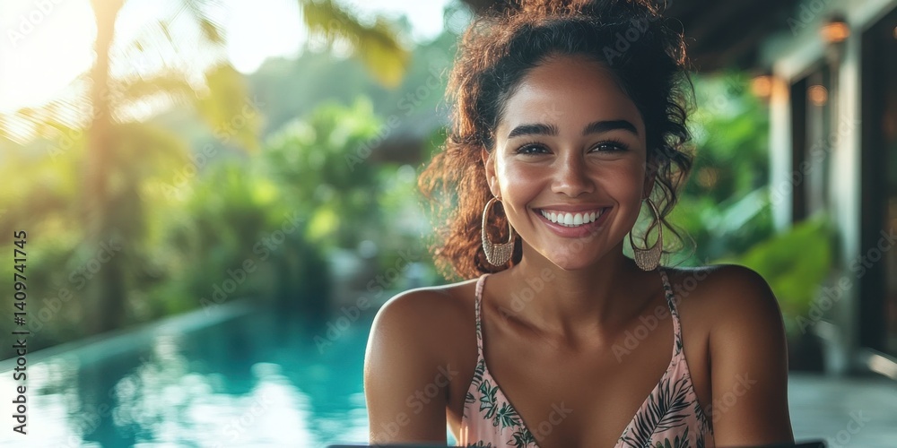 A woman with long hair and a smile is sitting in a pool