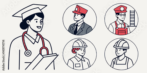 Professions Line Art: Doctor, Train Conductor, Engineer, Construction Workers - Career and Job Options