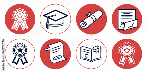 Education Graduation Achievement Icons Vector Set Degree Diploma Certificate Award Cap Scroll Document Line Art Red Circle Graphic