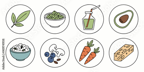 Colorful Cartoon Food Icons Healthy Eating Vegetables Fruits Dairy Plant-Based Foods