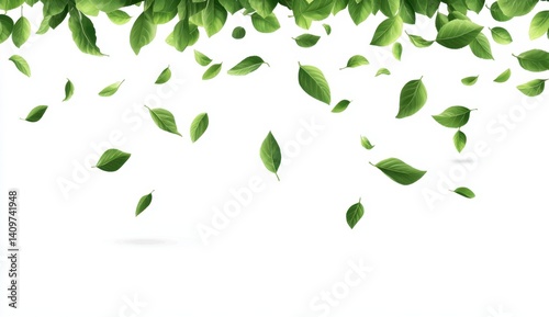 Fresh Green Leaves Falling Against a White Background