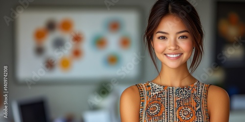 A woman with long black hair and a colorful dress is smiling for the camera