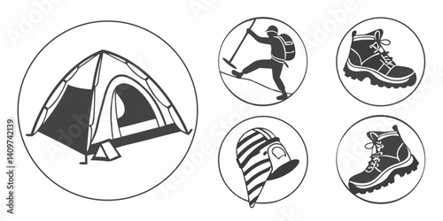 Camping Hiking Skiing Gear Icons Black and White Line Art Vector Illustration
