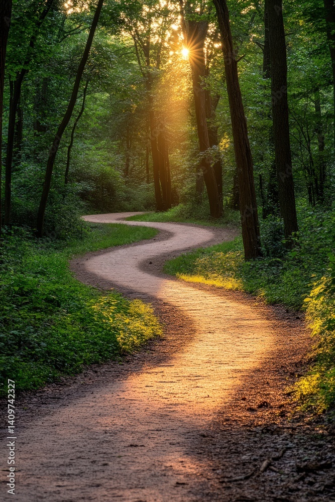 Obraz premium Winding path through a forest with sunlight streaming through the trees.