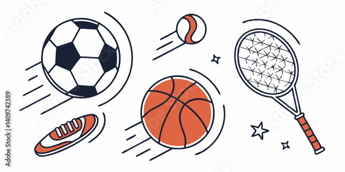Sports and Recreation Line Art: Soccer Ball, Basketball, Tennis Racket, Rugby Ball