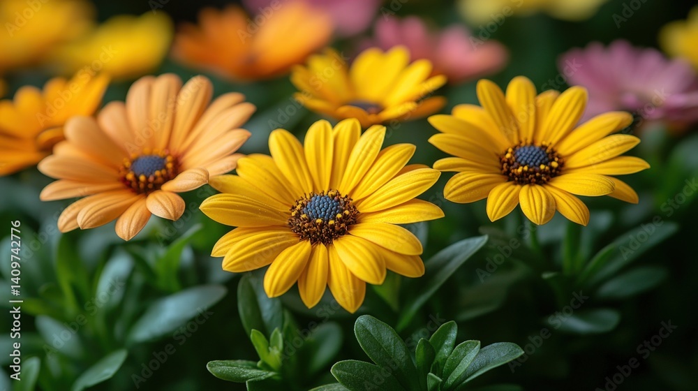 Several colorful daisy flowers bloom with green leaves in a garden setting. Several colorful daisy flowers bloom with green leaves in a garden setting.