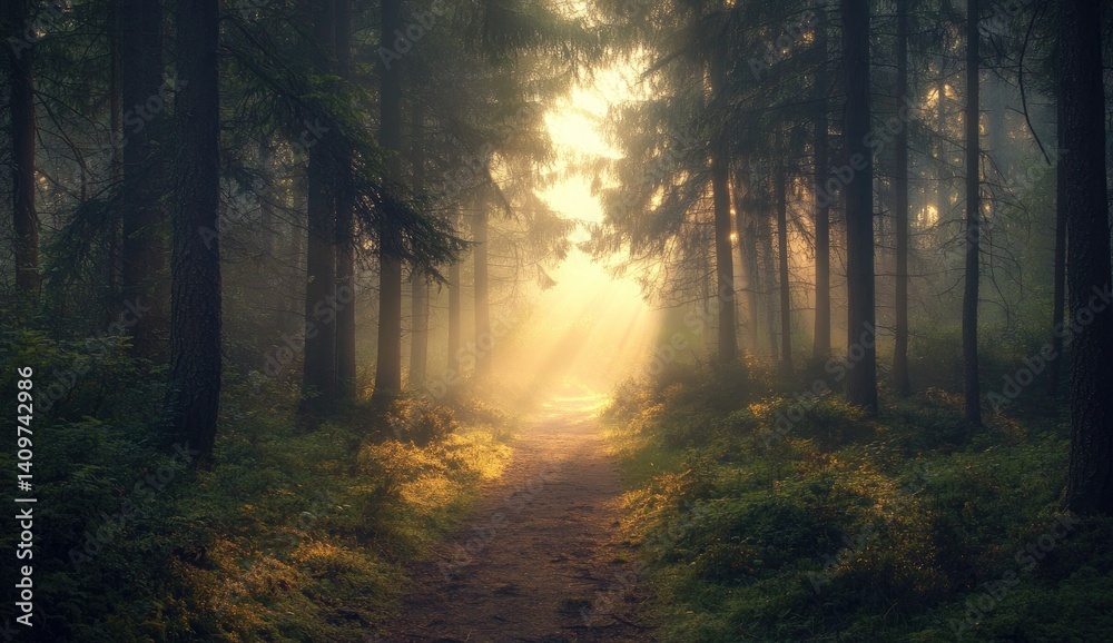 Sunlit path through misty, dark forest Sunlit path through misty, dark forest