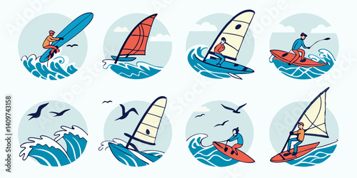 Vector Cartoon Water Sports Icons Surfing Windsurfing Kayaking Ocean Waves Seagulls