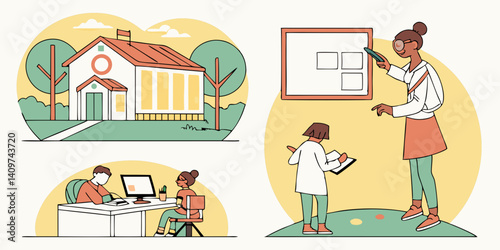 Cartoon Vector Education: School, Home, Office, Teacher, Student, Flat Style Art