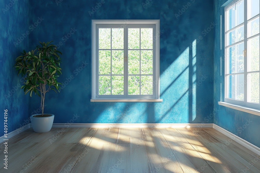 Fototapeta premium Bright sunlit room with blue walls and large window overlooking lush garden