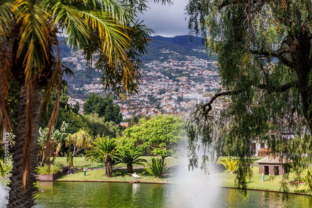Pond in the middle of Santa Catarina Park in Funchal city, capital of Madeira Island, Portugal