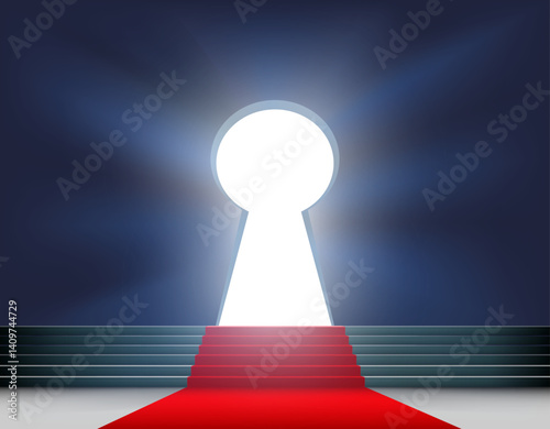 Steps with a red carpet lead to the keyhole with light. Vector illustration.
