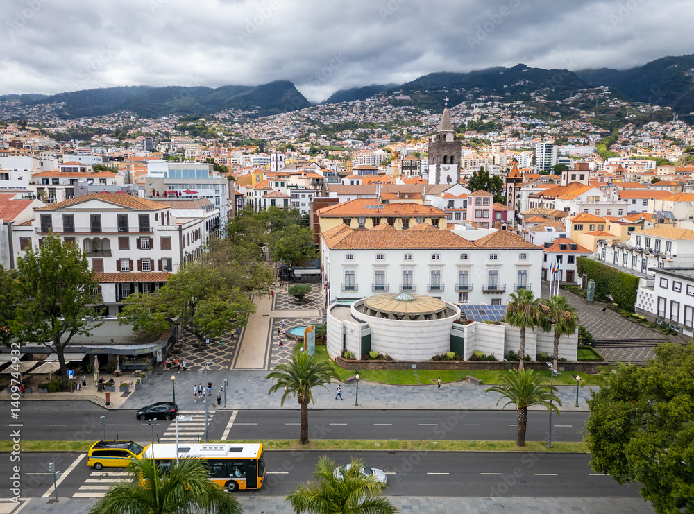Drone photo in Funchal, Madeira, Portugal. View with Legislative Assembly building and cathedral