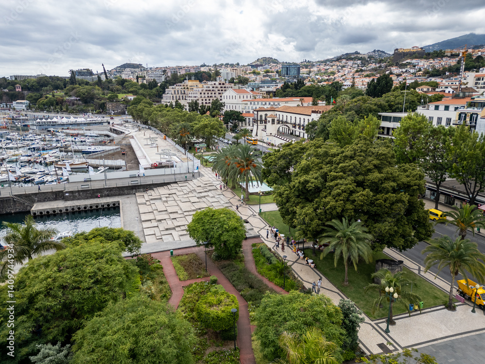 Drone photo in Funchal, capital of Madeira, Portugal. View with Palace of Saint Lawrence