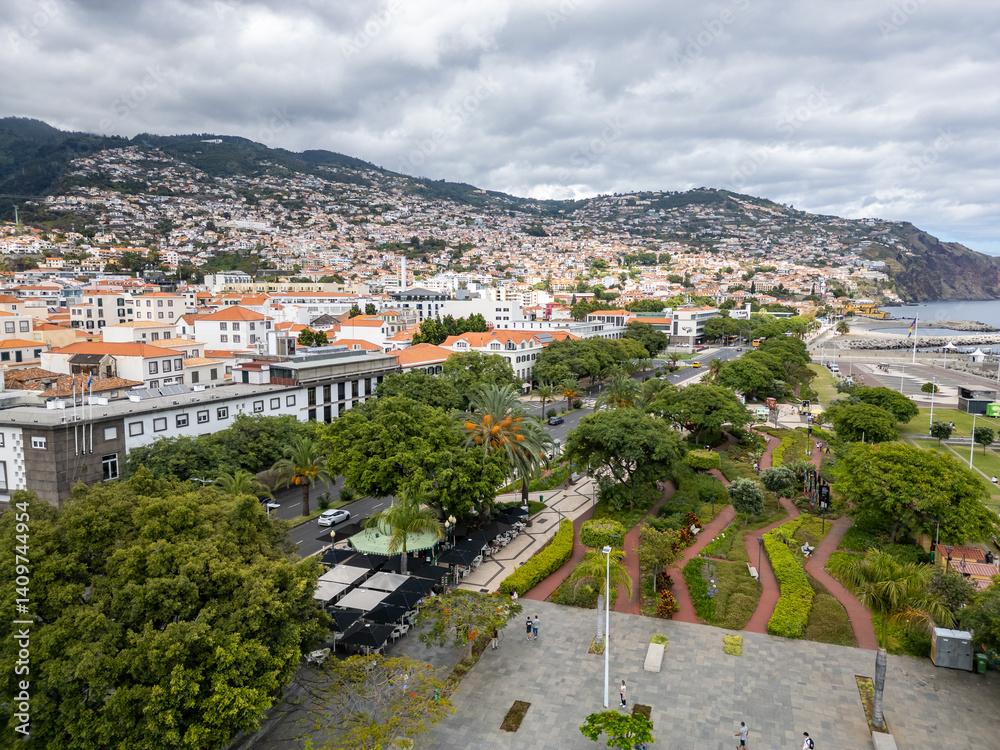 Drone photo in Funchal, capital of Madeira, Portugal. View with main promenade