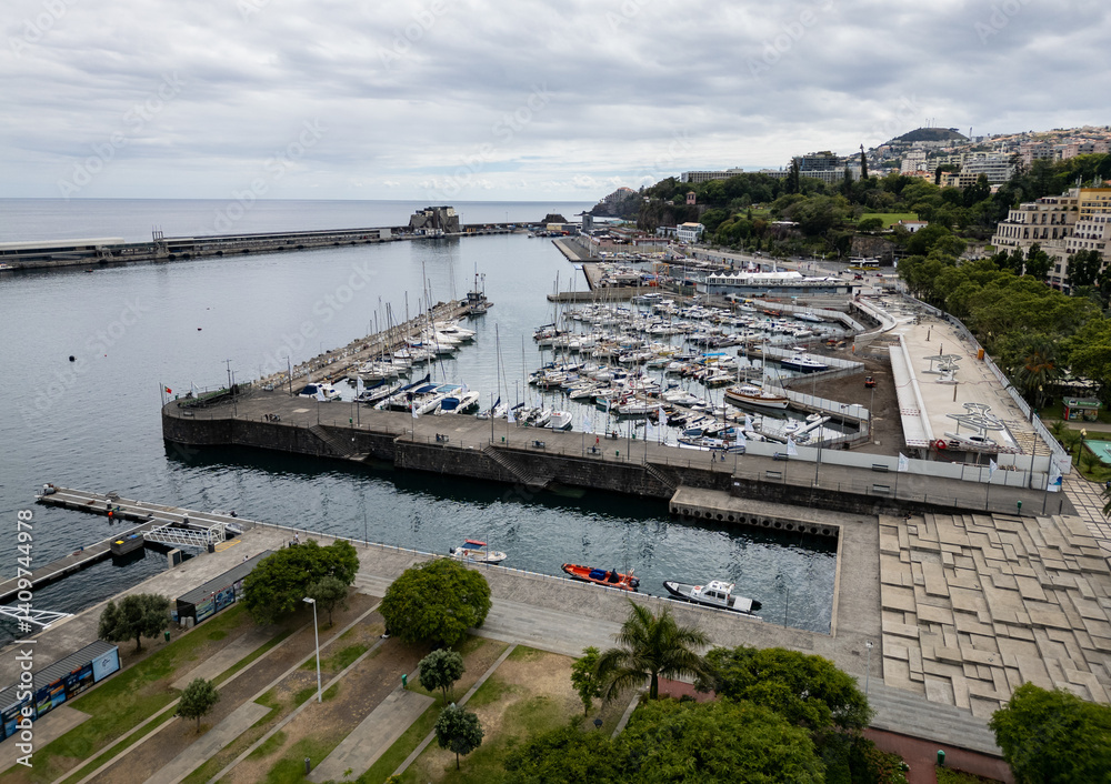 Aerial view of marina in Funchal city, capital of Madeira Island, Portugal