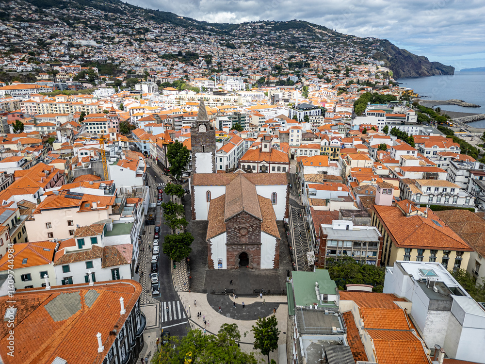 Aerial view with Cathedral of Our Lady of the Assumption in Funchal city, capital of Madeira Island, Portugal