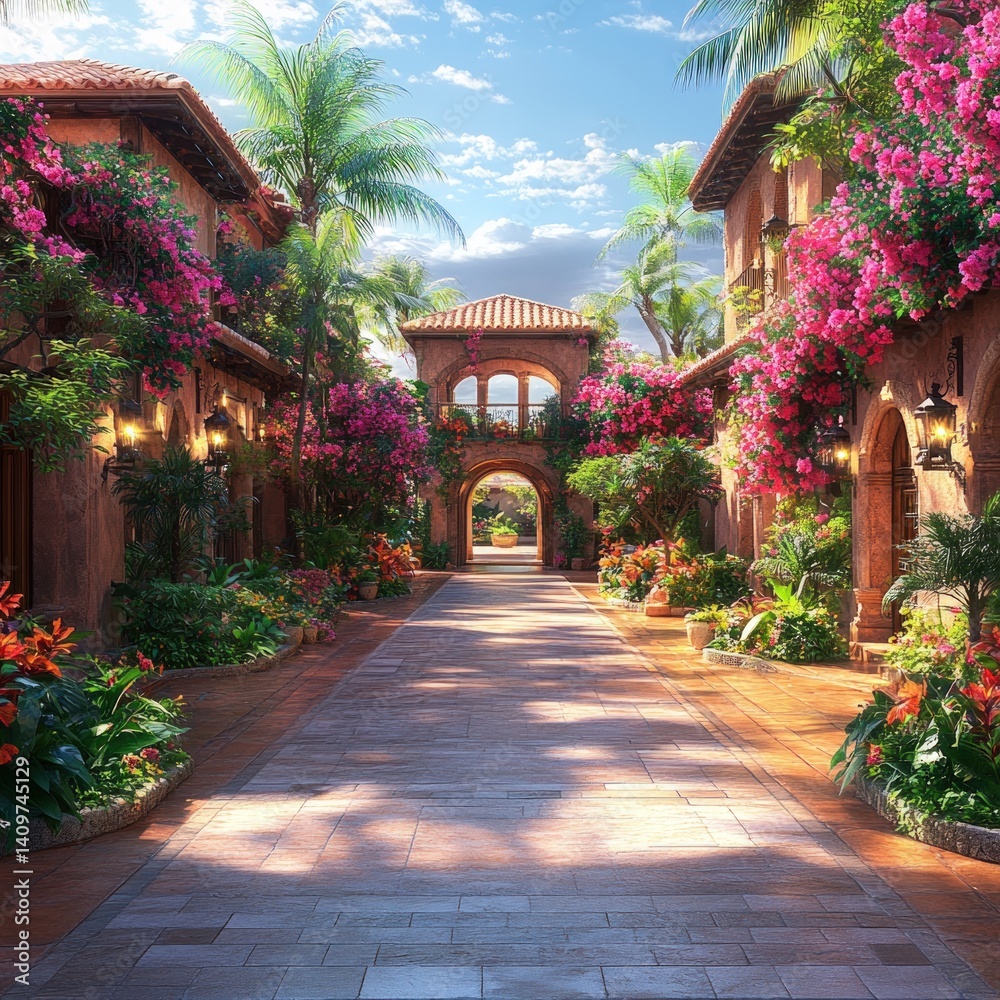 Obraz premium A vibrant street scene with buildings flowers and an archway under a sunny sky.