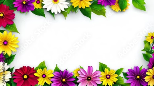 Colorful flower animation frame on white background. Romantic design of flower bouquet with Copy space