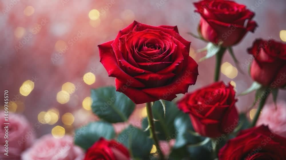 Red roses positioned in a romantic setting. A bunch of red roses. Several roses in the background. The atmosphere is intimate and romantic. Red roses positioned in a romantic setting. A bunch of red roses. Several roses in the background. The atmosphere is intimate and romantic.