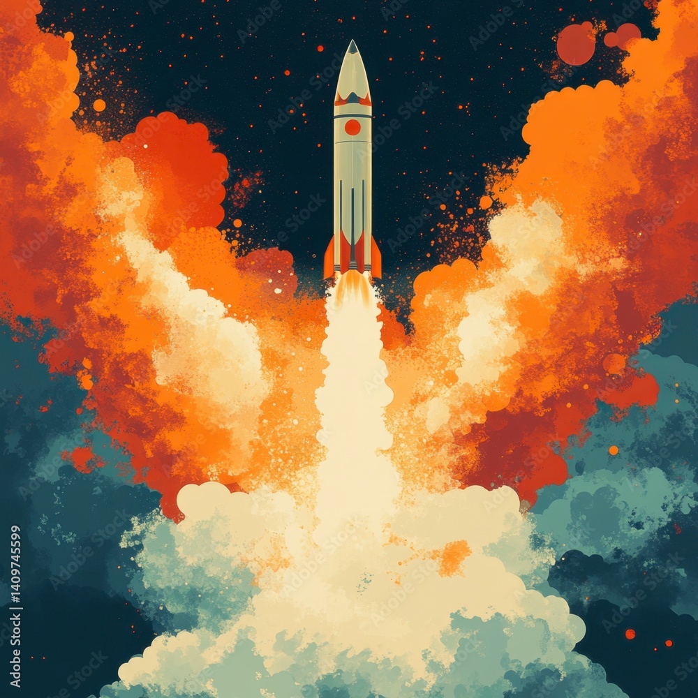 Fototapeta premium Rocket Launch Illustrations with Colorful Cosmic Background