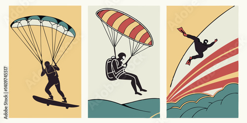 Extreme Sports Adventure Kitesurfing Paragliding Cliff Diving Graphic Style
