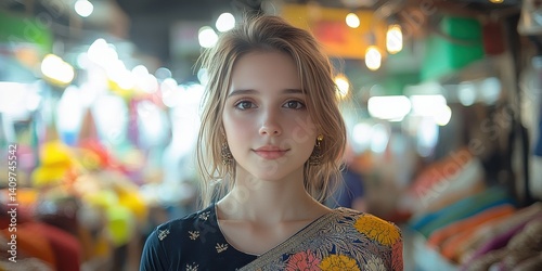 A woman is standing in a market with a colorful background