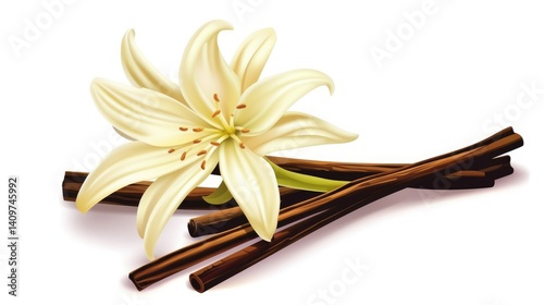 Vanilla Flower and Pods on the white background 