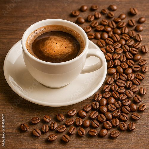 a cup of warm coffee and coffee beans scattered nearby