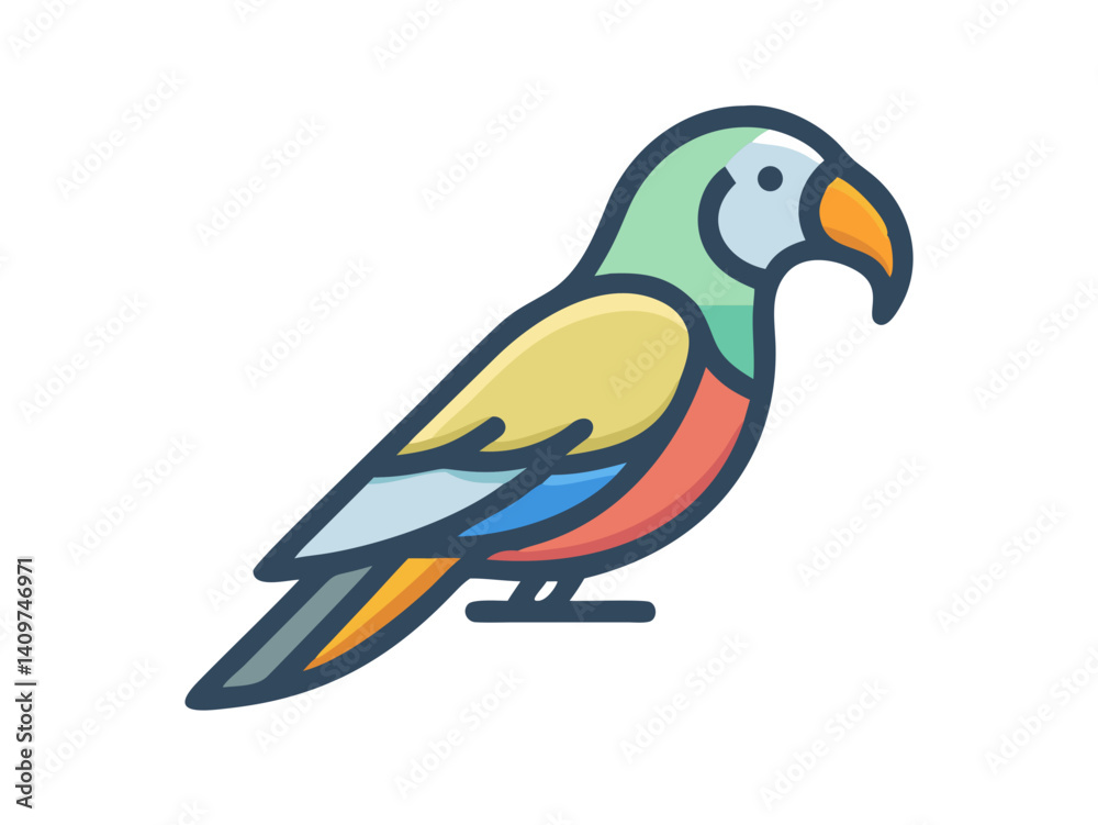 Obraz premium Colorful cartoon parrot illustration against a white background. A vibrant, stylized illustration of a parrot. 