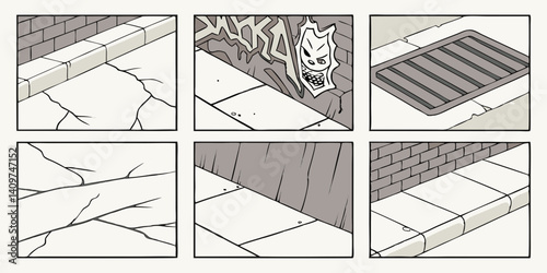 Cartoon Urban Street Panels Cracked Sidewalk Graffiti Skull Brick Wall Sewer Grate Cityscape