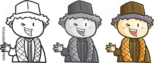 Funny muslim boy with orange sarung cartoon illustration in three colors version
