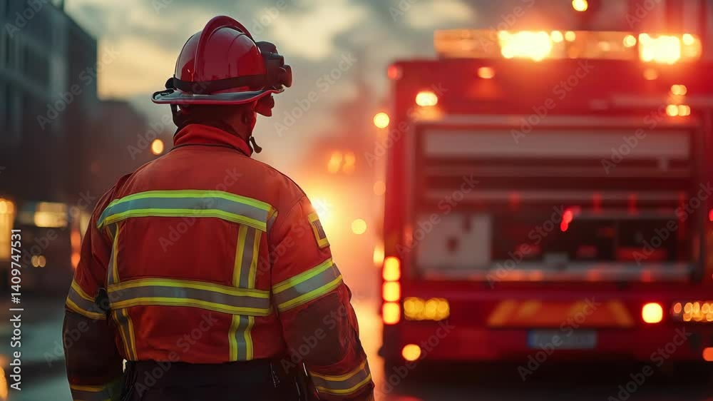 Firefighter standing beside red truck, responding to emergency call at dusk, highlighting municipal safety protection during critical urban rescue operation