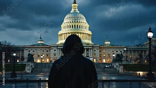 Silhouetted figure facing US Capitol in stormy weather.