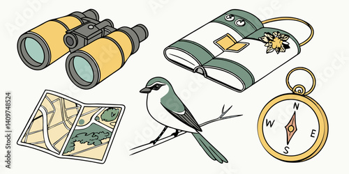 Cartoon Nature Exploration Gear Binoculars Map Compass Bird Backpack Outdoor Adventure