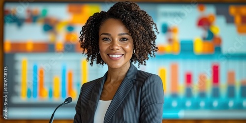 She is smiling and she is giving a speech