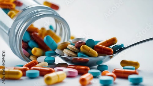 Various pills falling into a spoon with a backdrop.