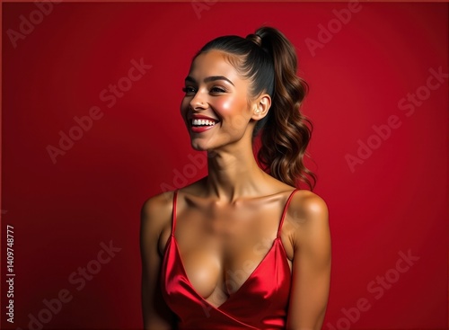 A woman with tan skin and ponytail, wearing an elegant dress, expressing joy, standing in front of a red background with studio lighting, in a realistic photo. Mockup.
